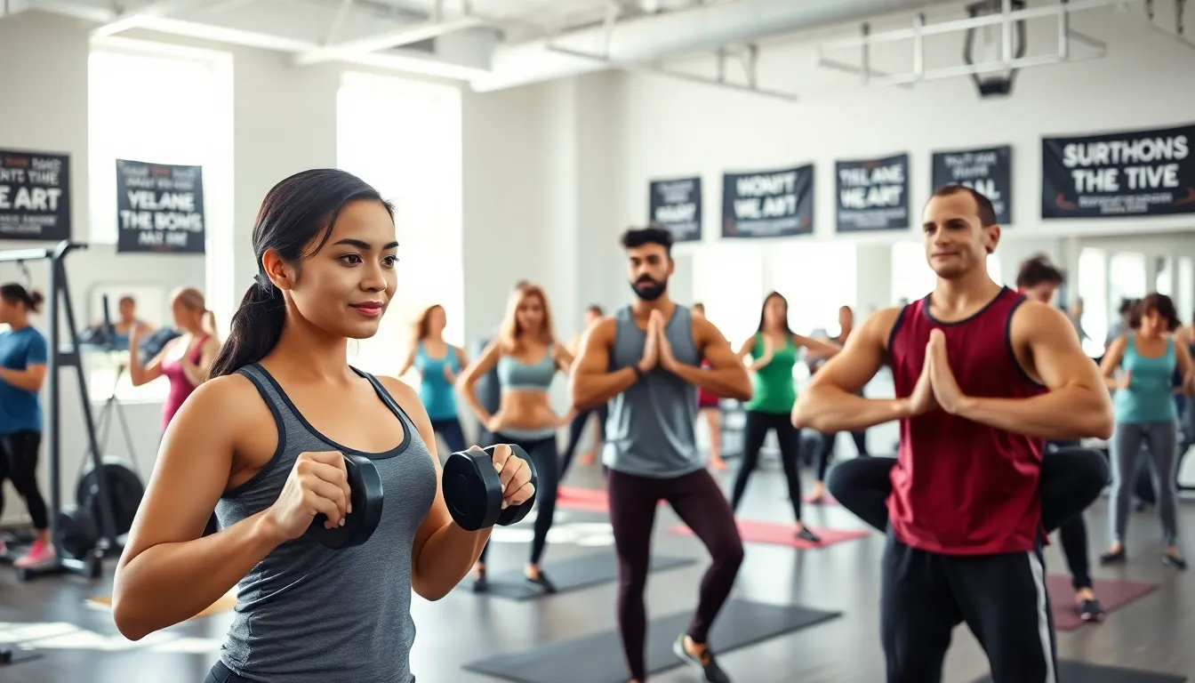 diverse group exercising in a modern fitness studio.