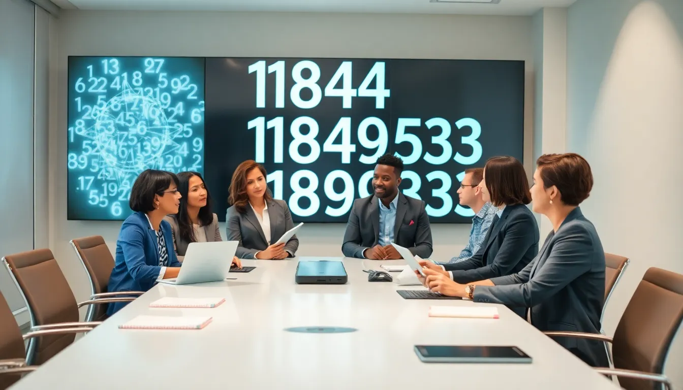 diverse professionals discussing the significance of the number 18443963233.
