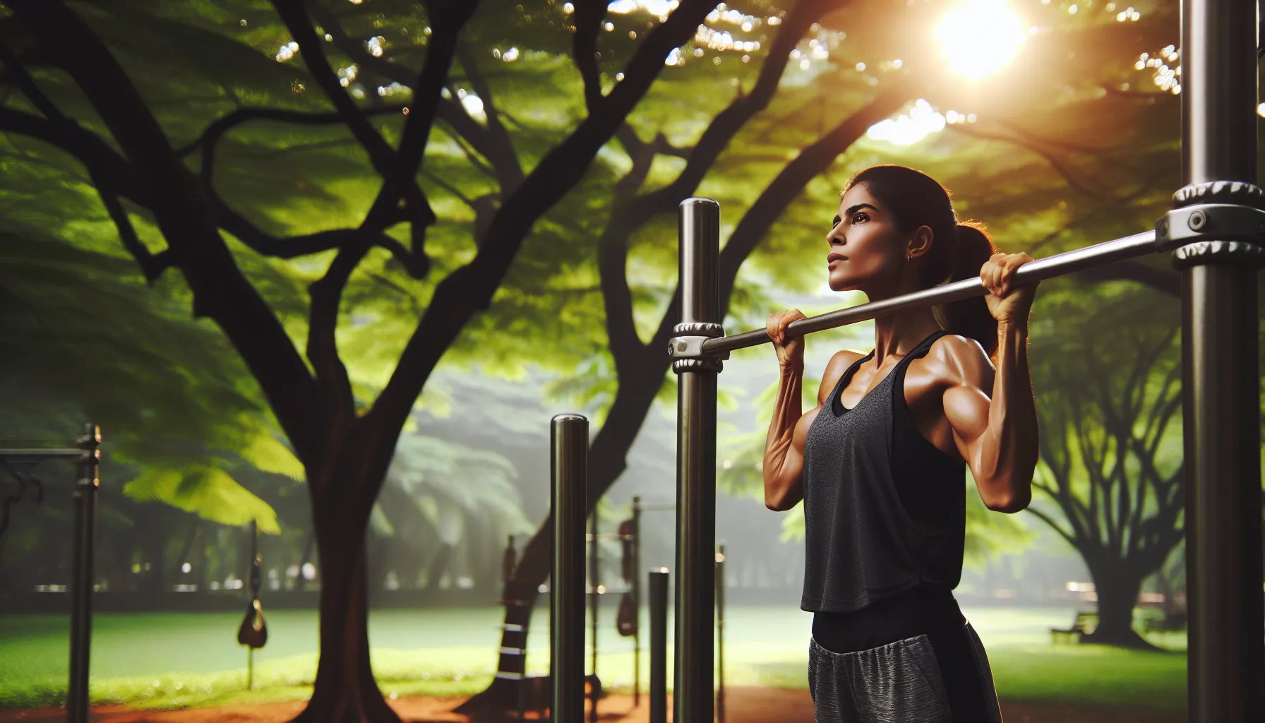 Athlete performing a chin-up on a sturdy bar in a park setting.