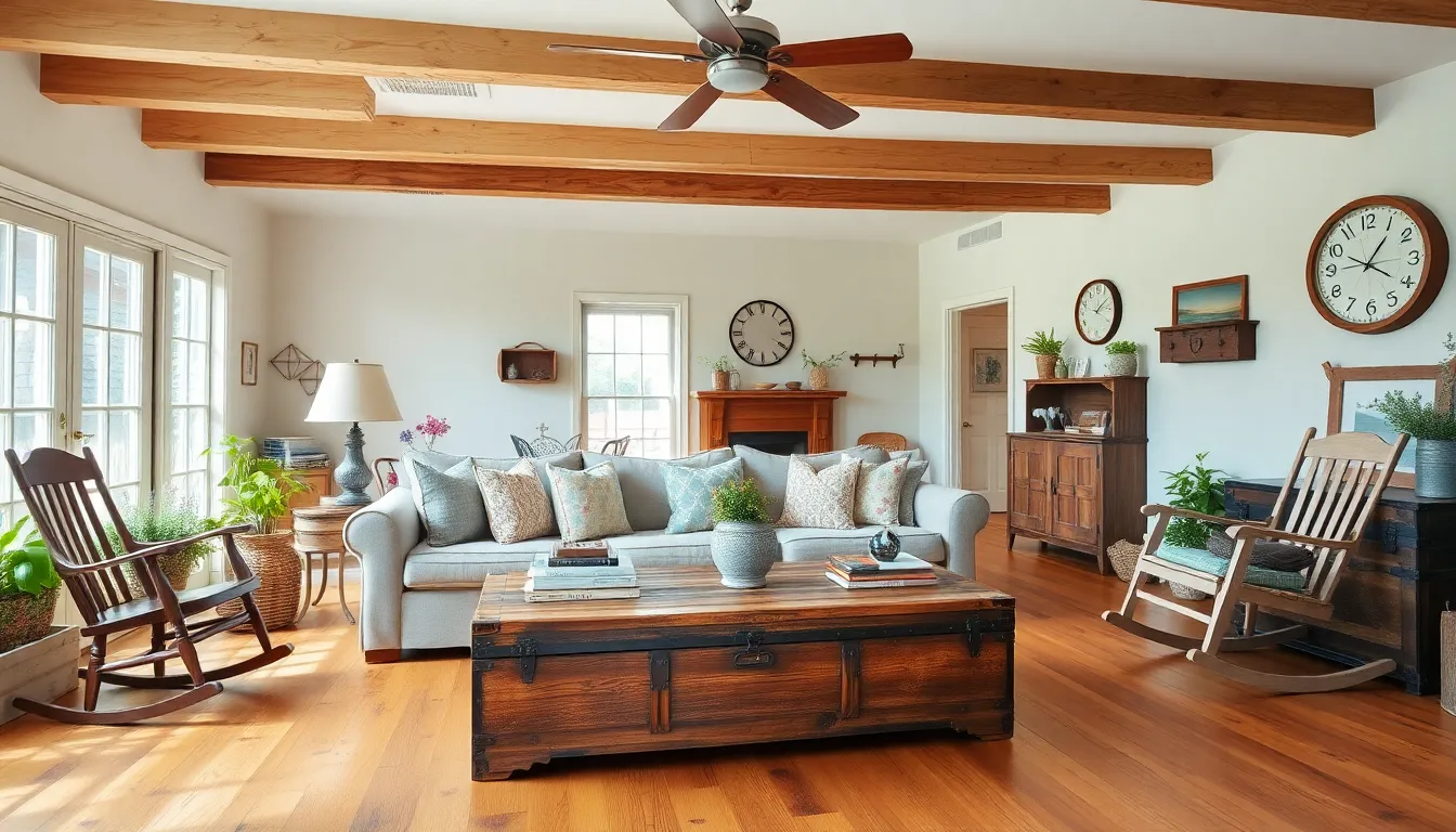 cozy farmhouse living room with rustic decor and natural light.