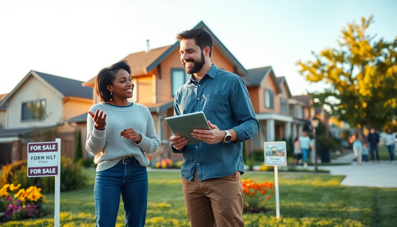 a couple discussing home options in a suburban neighborhood.