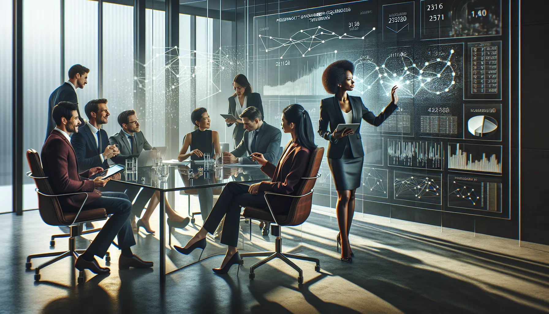 professionals discussing cultural implications of a number in a modern office.