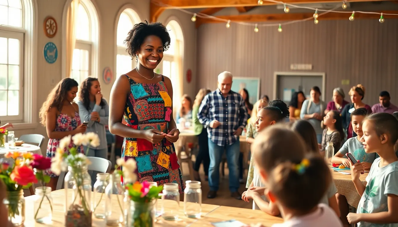 a diverse group celebrating a thrifty event in a community hall.