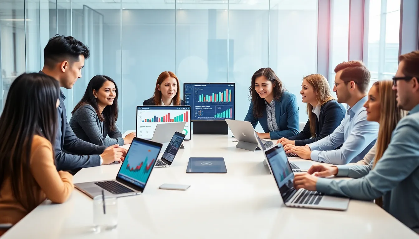 app developers analyzing mobile app analytics data in a modern office.