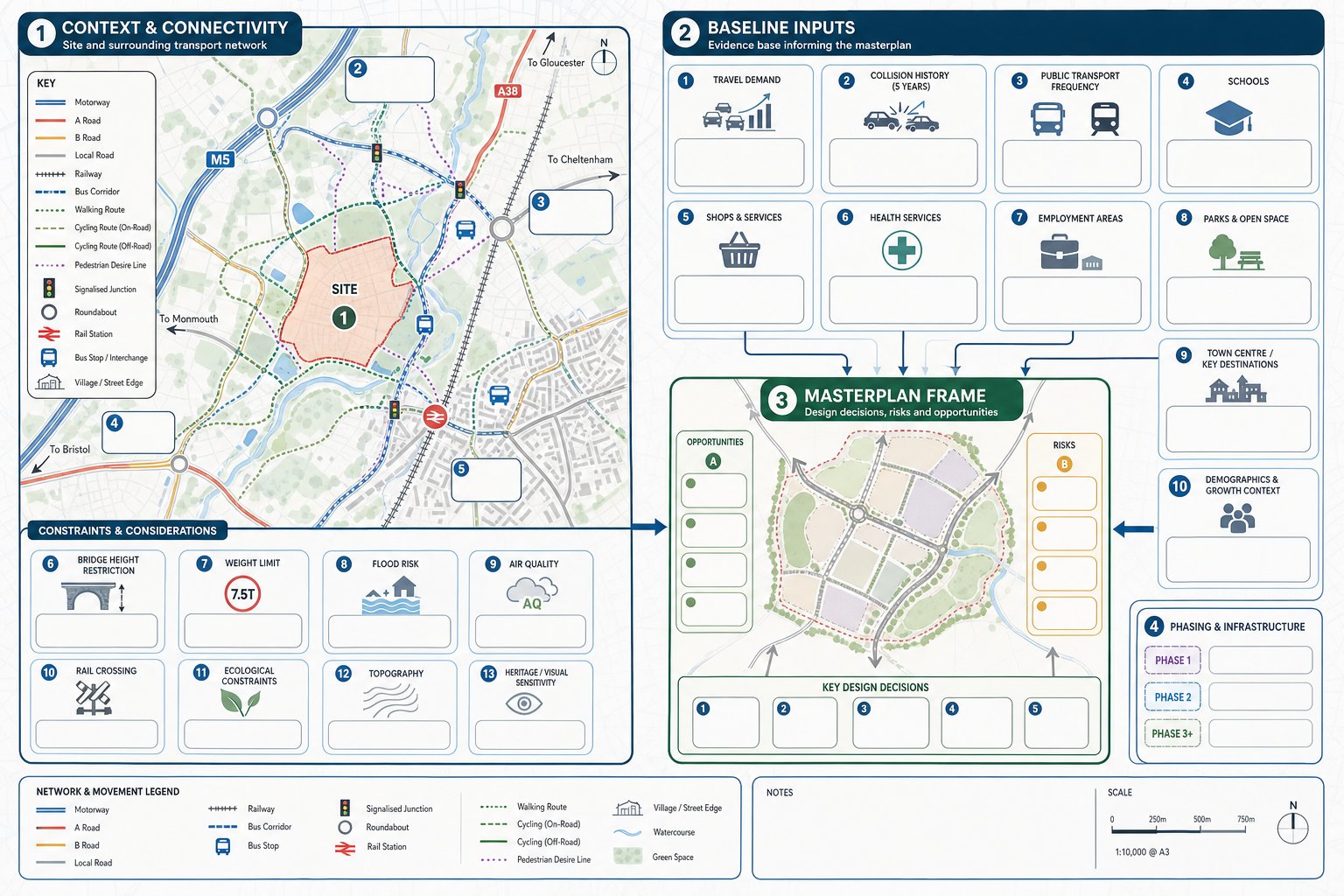 Infographic of transport baseline inputs for a UK masterplan site.