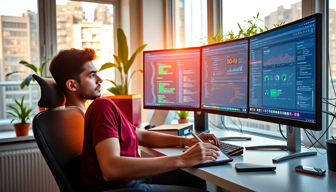 A developer working at a desk with dual monitors displaying Redwebzine Java.