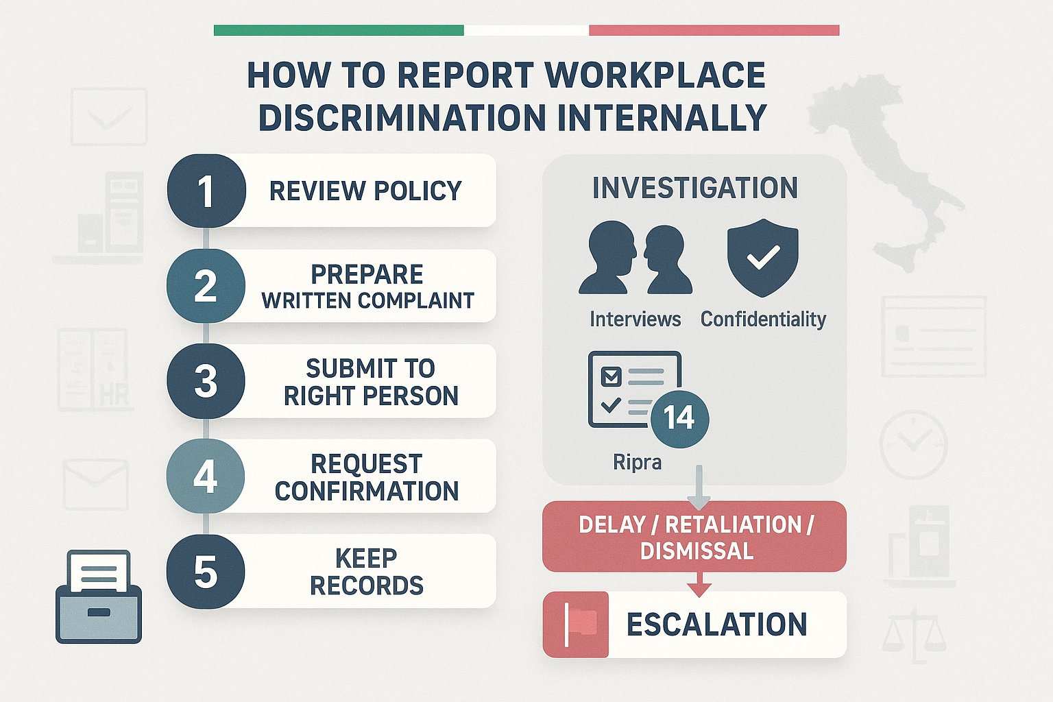 Workflow di segnalazione interna di discriminazione sul lavoro passo dopo passo con indicazioni italiane.