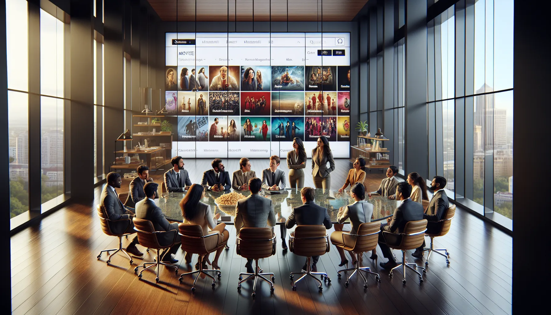 diverse professionals discussing Telugu movies in a modern office.