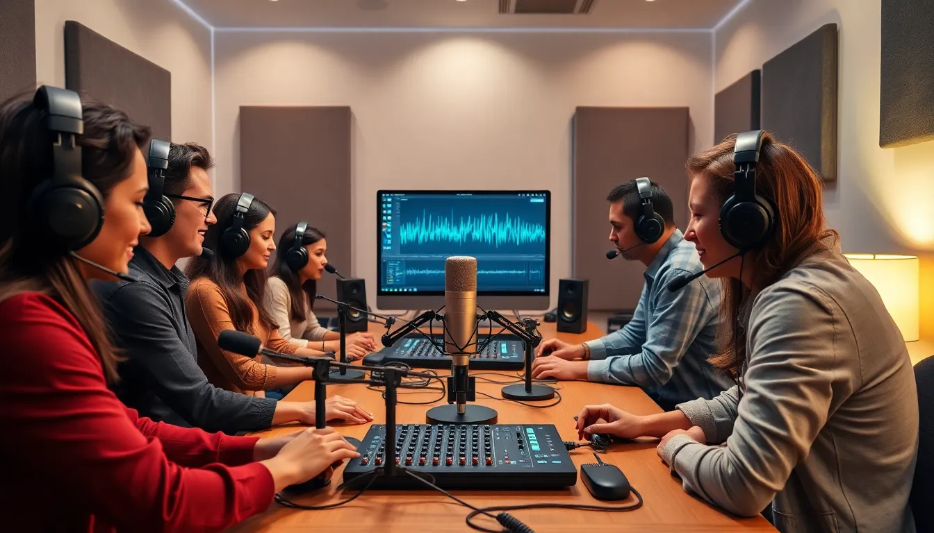 diverse team in a podcasting studio with quality headphones.