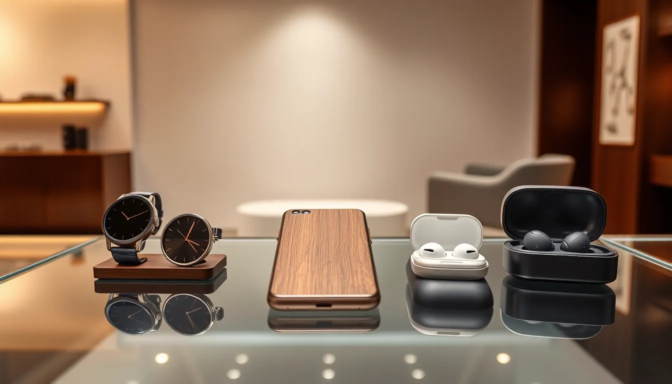 display of luxury tech gadgets in an upscale setting.