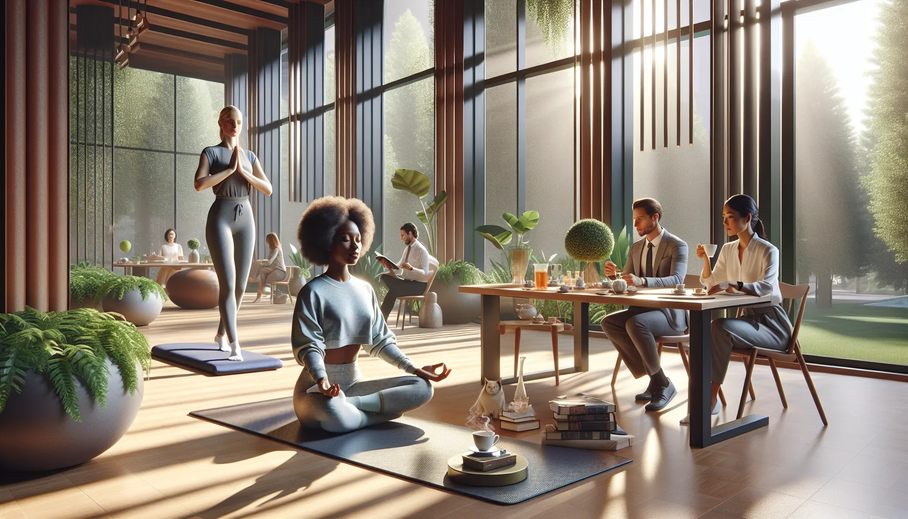 diverse individuals practicing different types of self-care in a modern office setting.