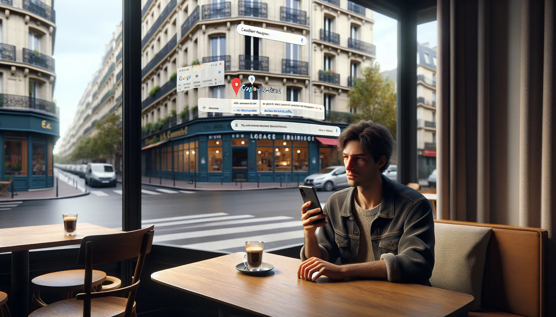 Person in a French café searching Google for local businesses in Noisy-le-Grand.