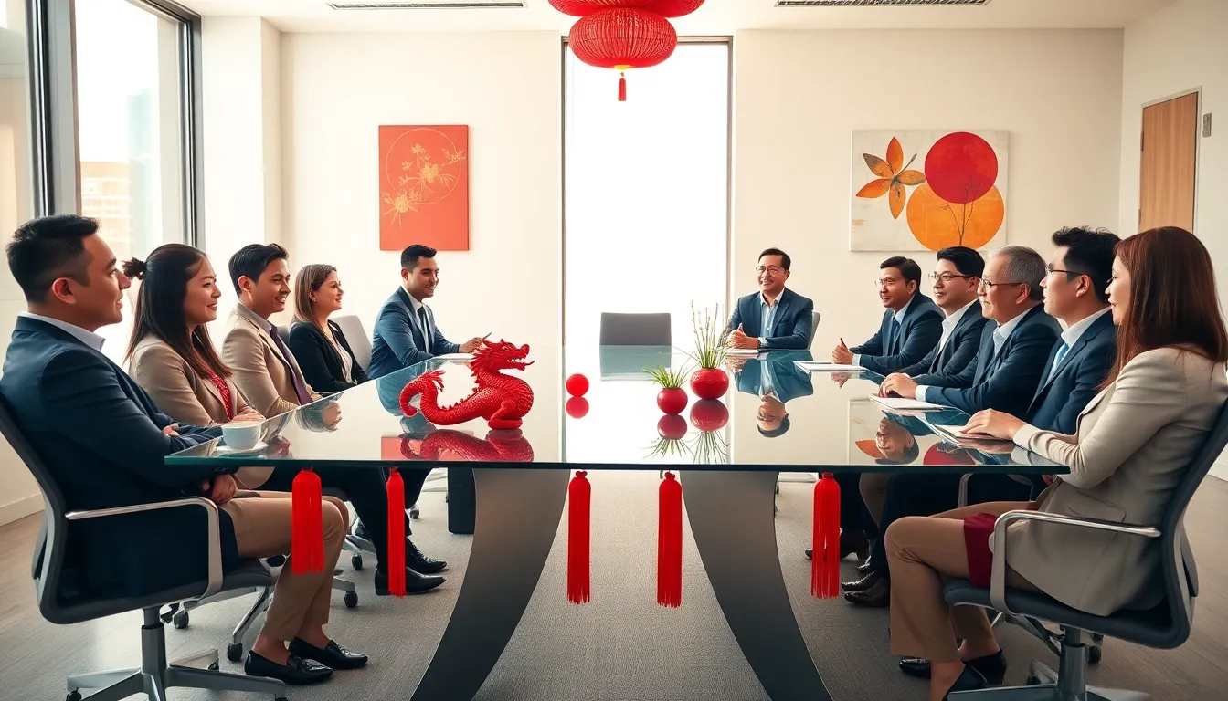 diverse professionals in a modern office embracing Chinese luck symbols.