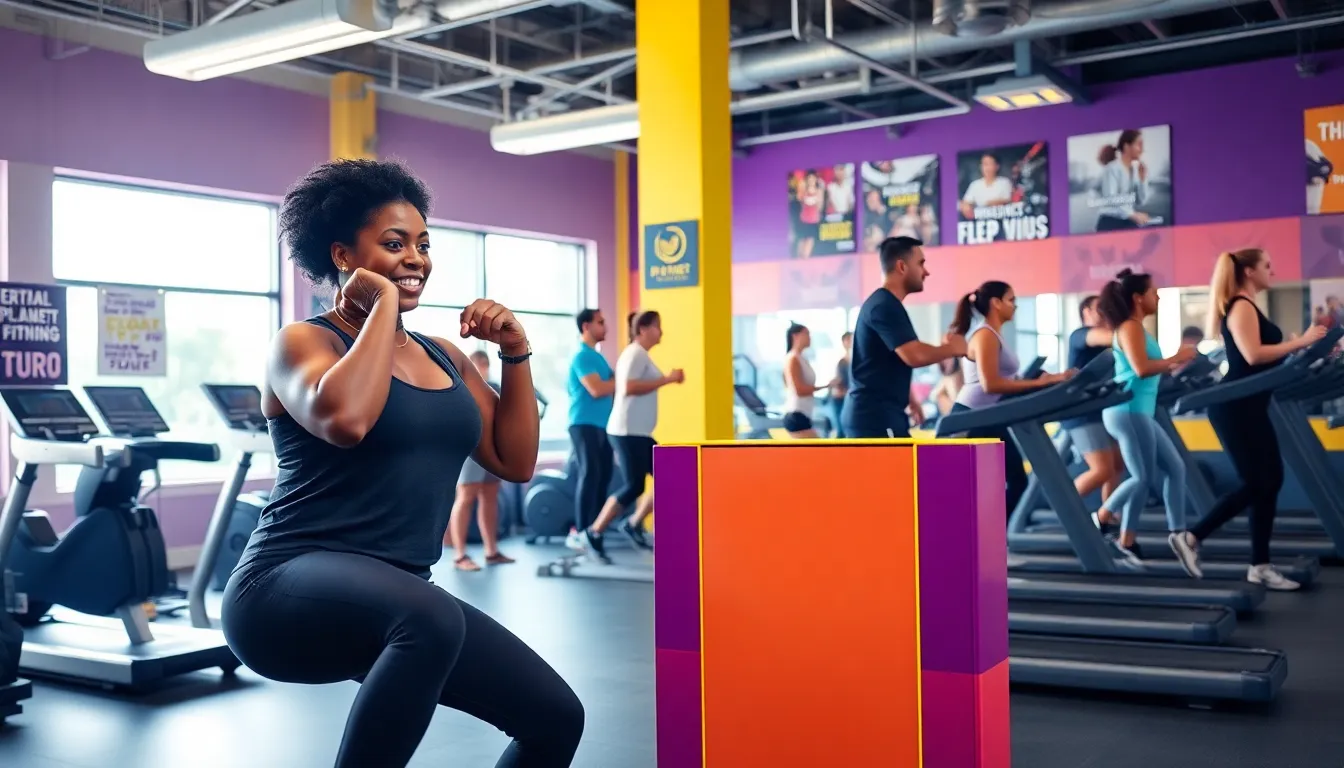 diverse individuals engaged in circuit training at Planet Fitness gym.