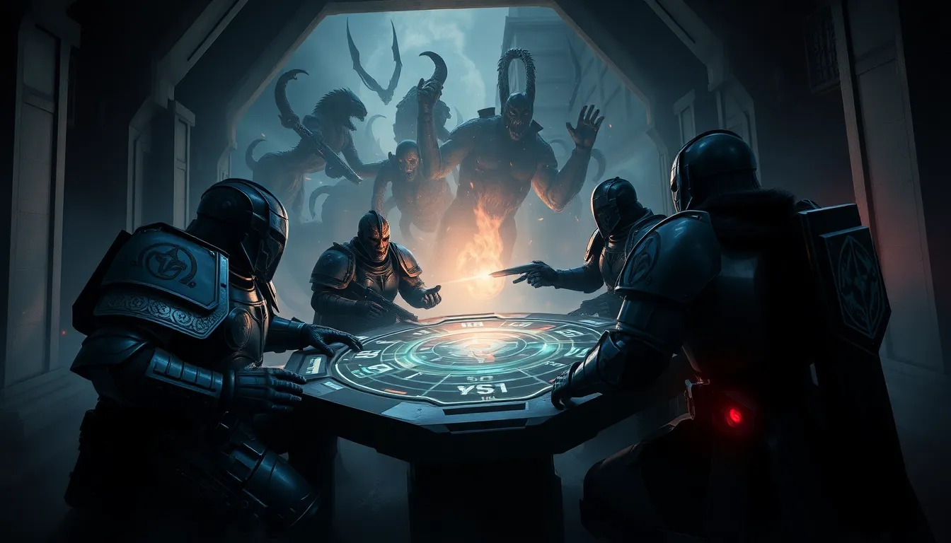 Grey Knights strategizing against chaotic daemons in a dark setting.