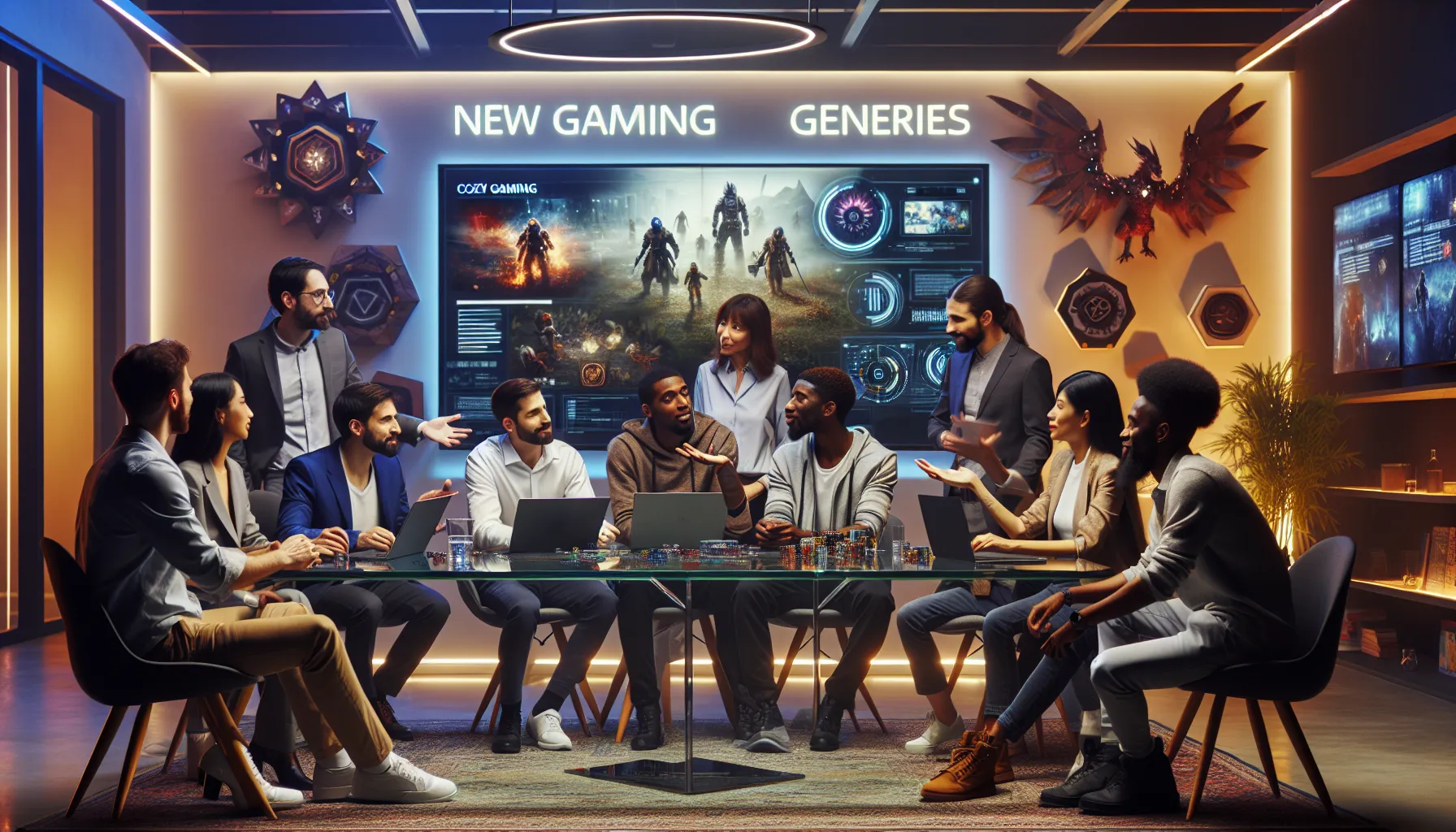 diverse group discussing emerging gaming genres in a modern workspace.
