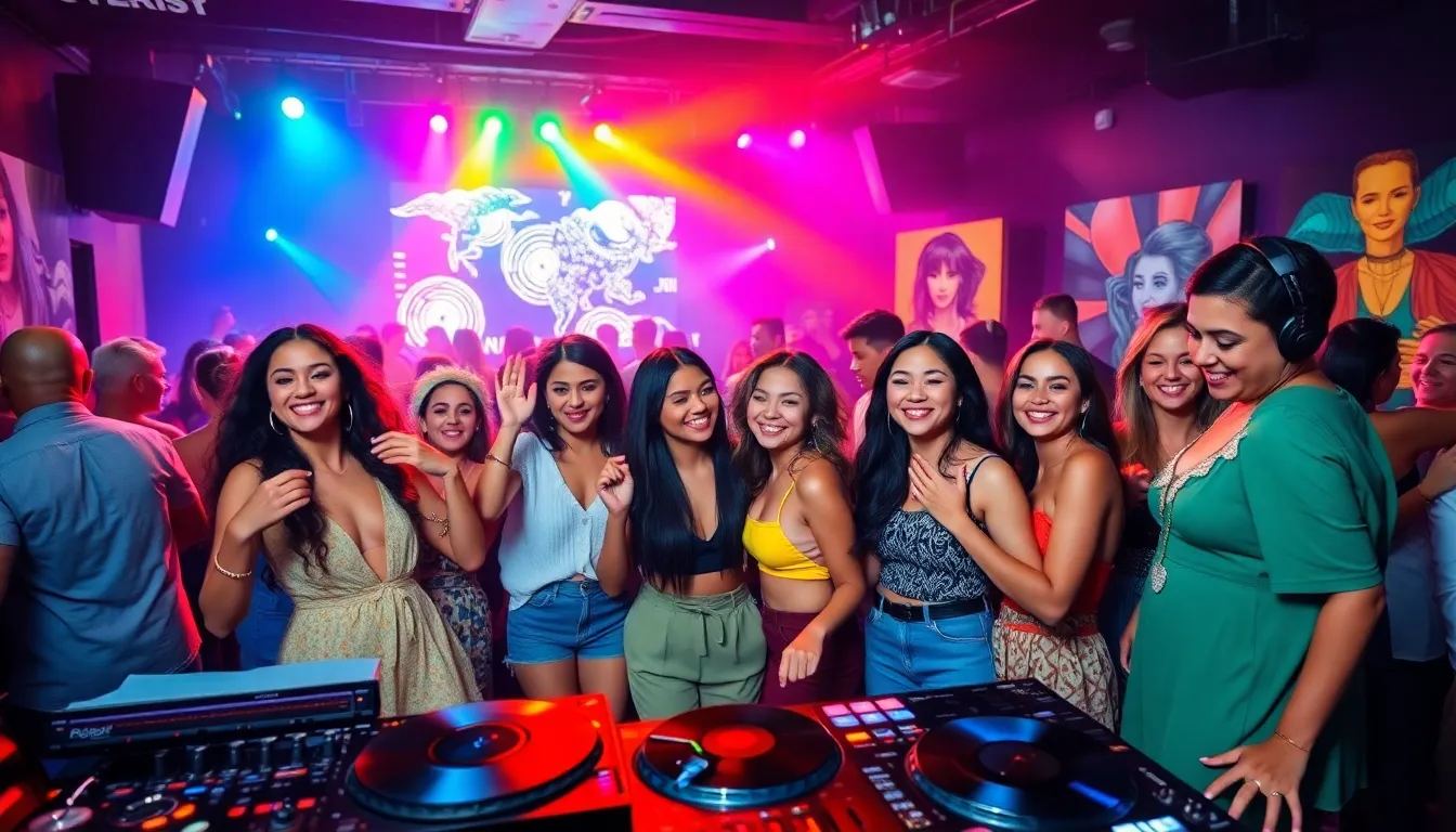 diverse group dancing in a vibrant nightclub setting.