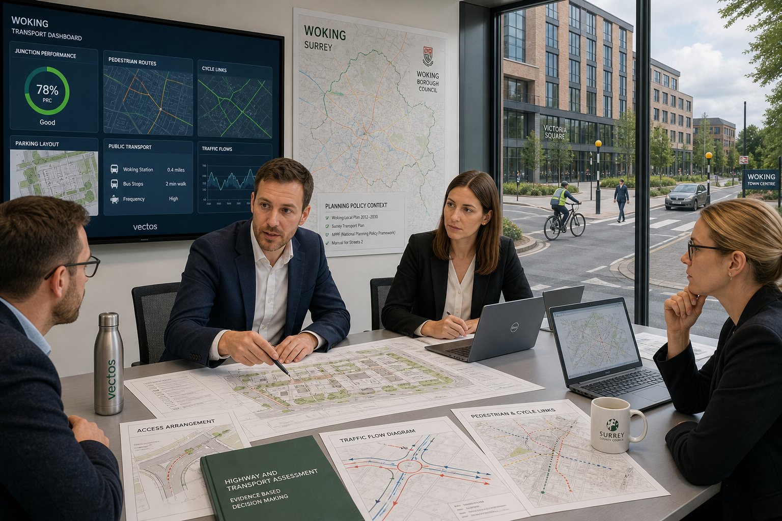 Traffic engineer reviewing Woking site access and highway planning documents.