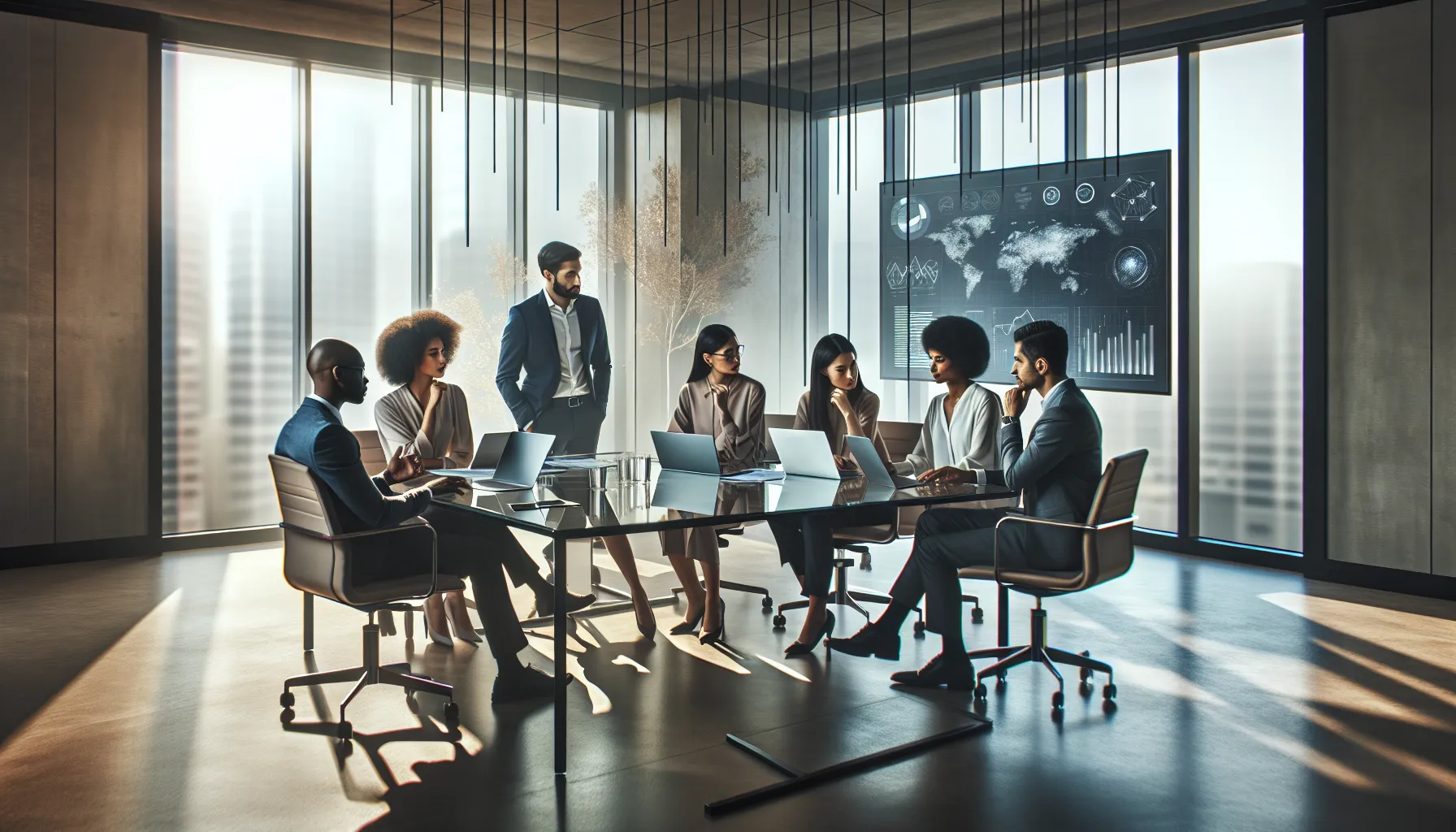 diverse professionals discussing educational metrics in a modern office.