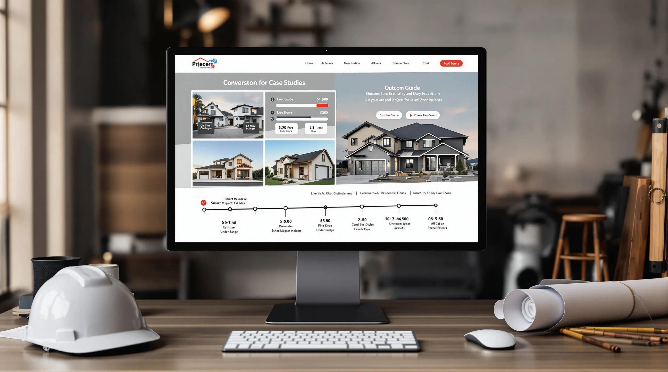 Contractor viewing construction website with case studies, cost calculator, and scheduling.