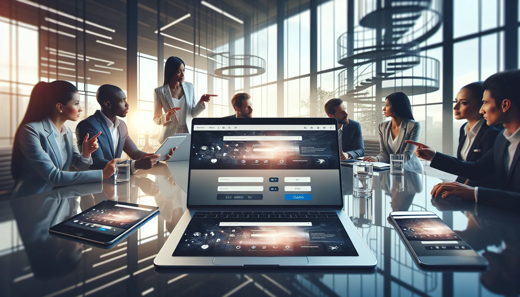 professionals discussing a streaming site interface in a modern office.