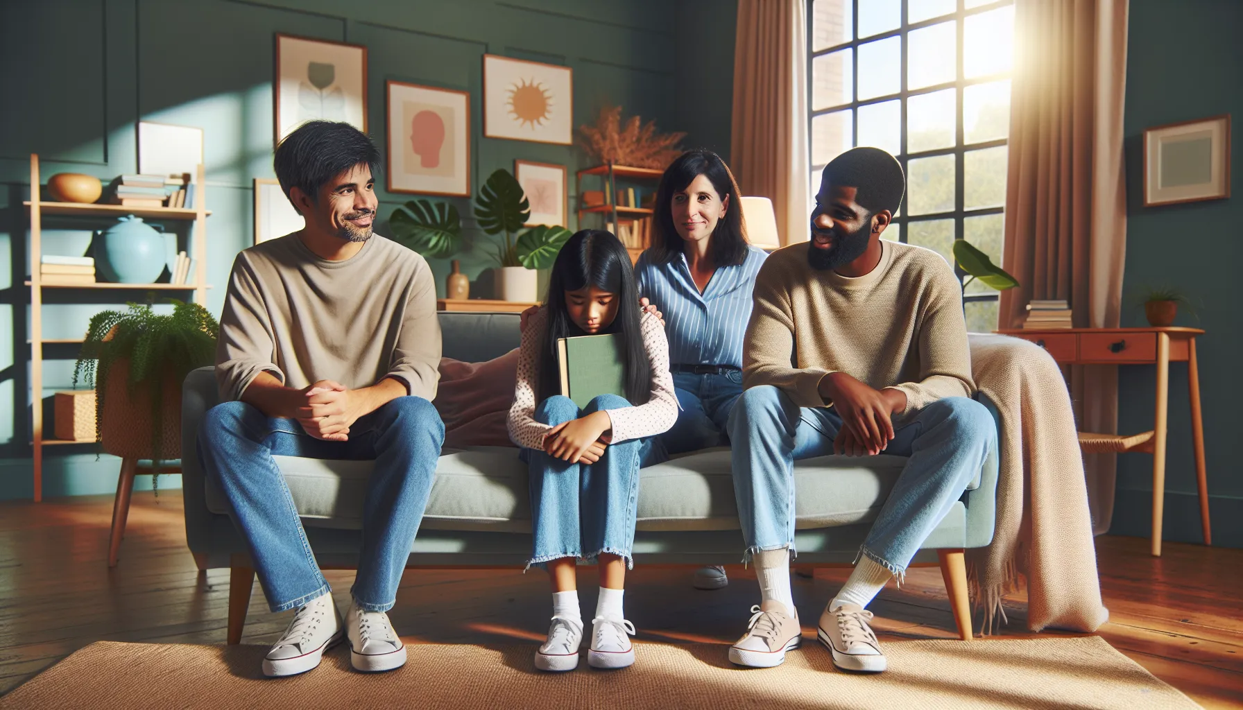 Diverse family engaging in a supportive conversation at home.