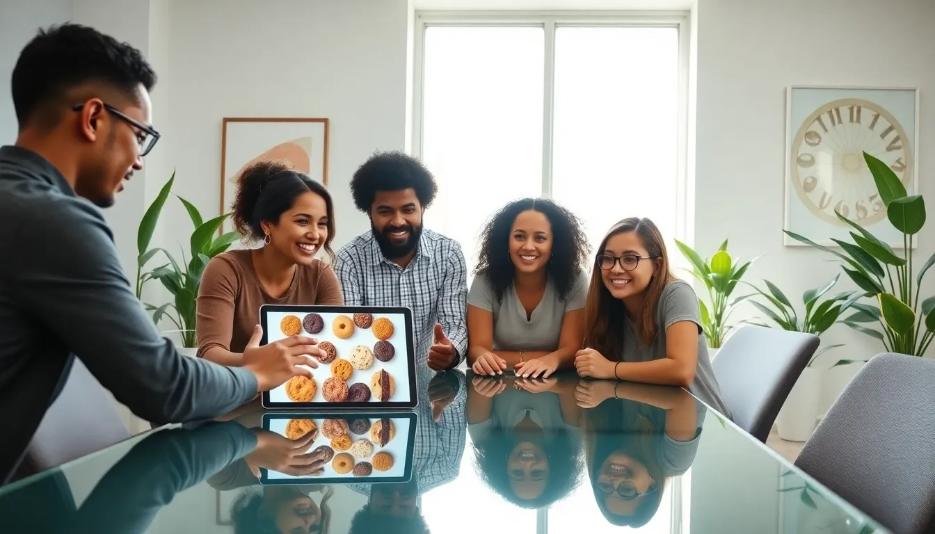 diverse team discussing healthy cookie options in a modern office.