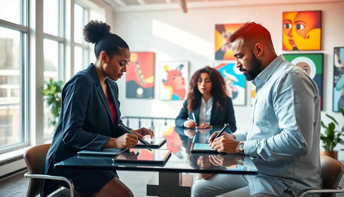 diverse artists collaborating in a modern digital workspace.