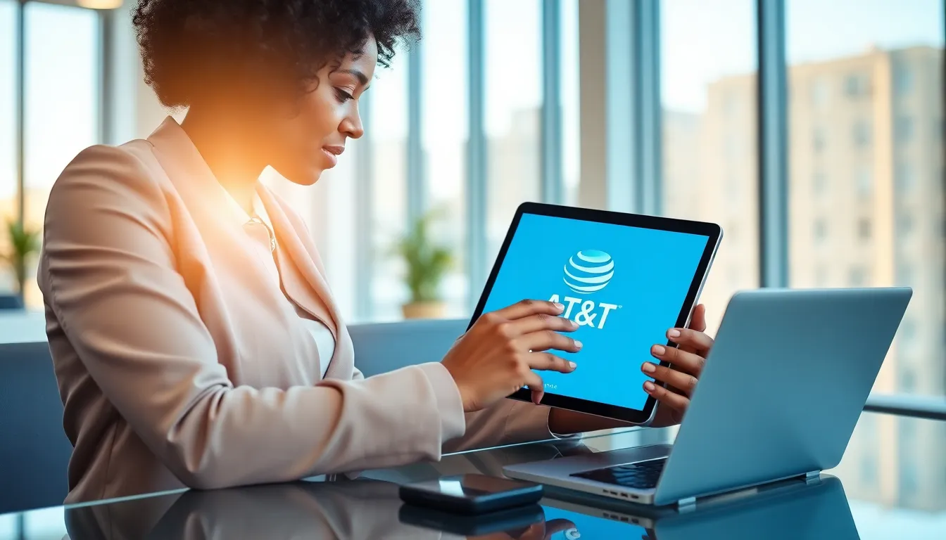 professional using a Samsung tablet with AT&T logo in a modern office.