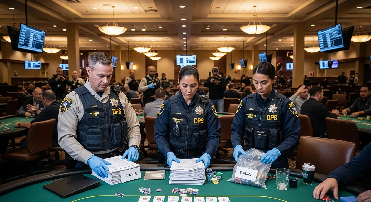 Texas DPS officers seizing evidence inside an upscale poker club during a raid.