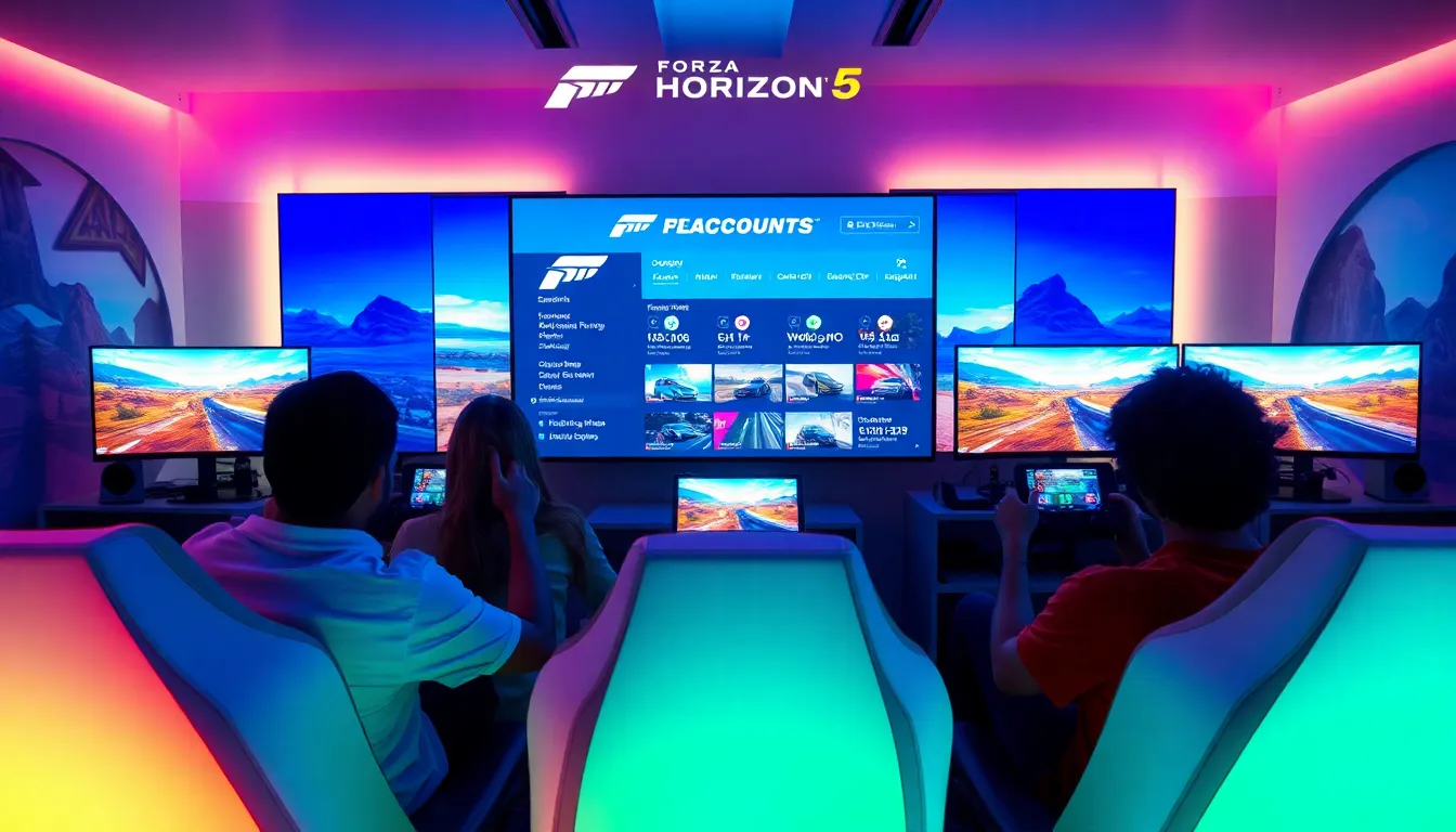 Gamers engaged in Forza Horizon 5 within a modern gaming room.
