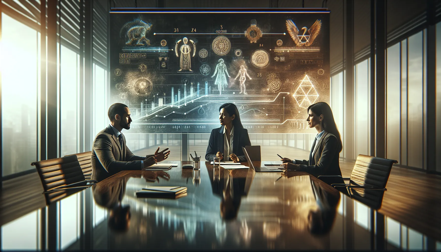 diverse professionals discussing Val 9 Ja in a modern office setting.