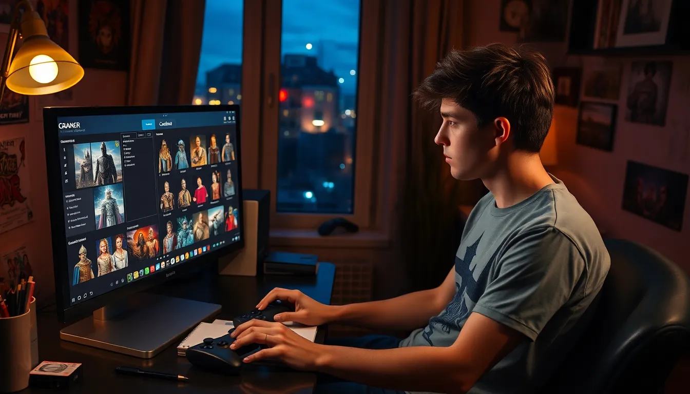 A young man creating a character using CK2Generator on his computer.