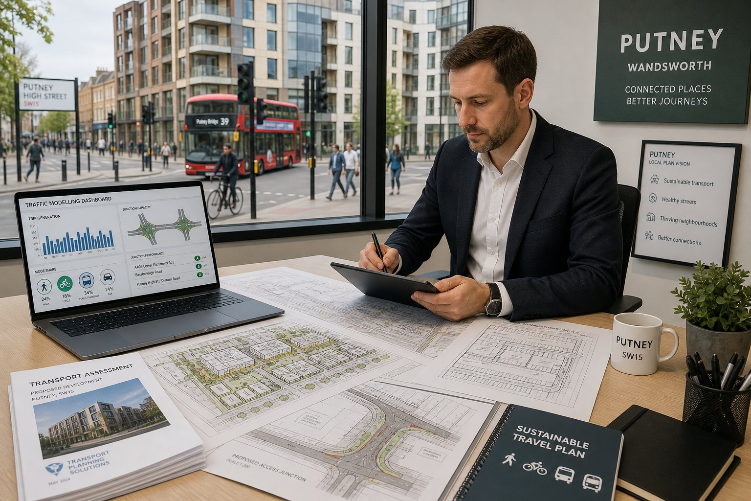 Traffic engineer reviewing development plans and transport data in a modern office.