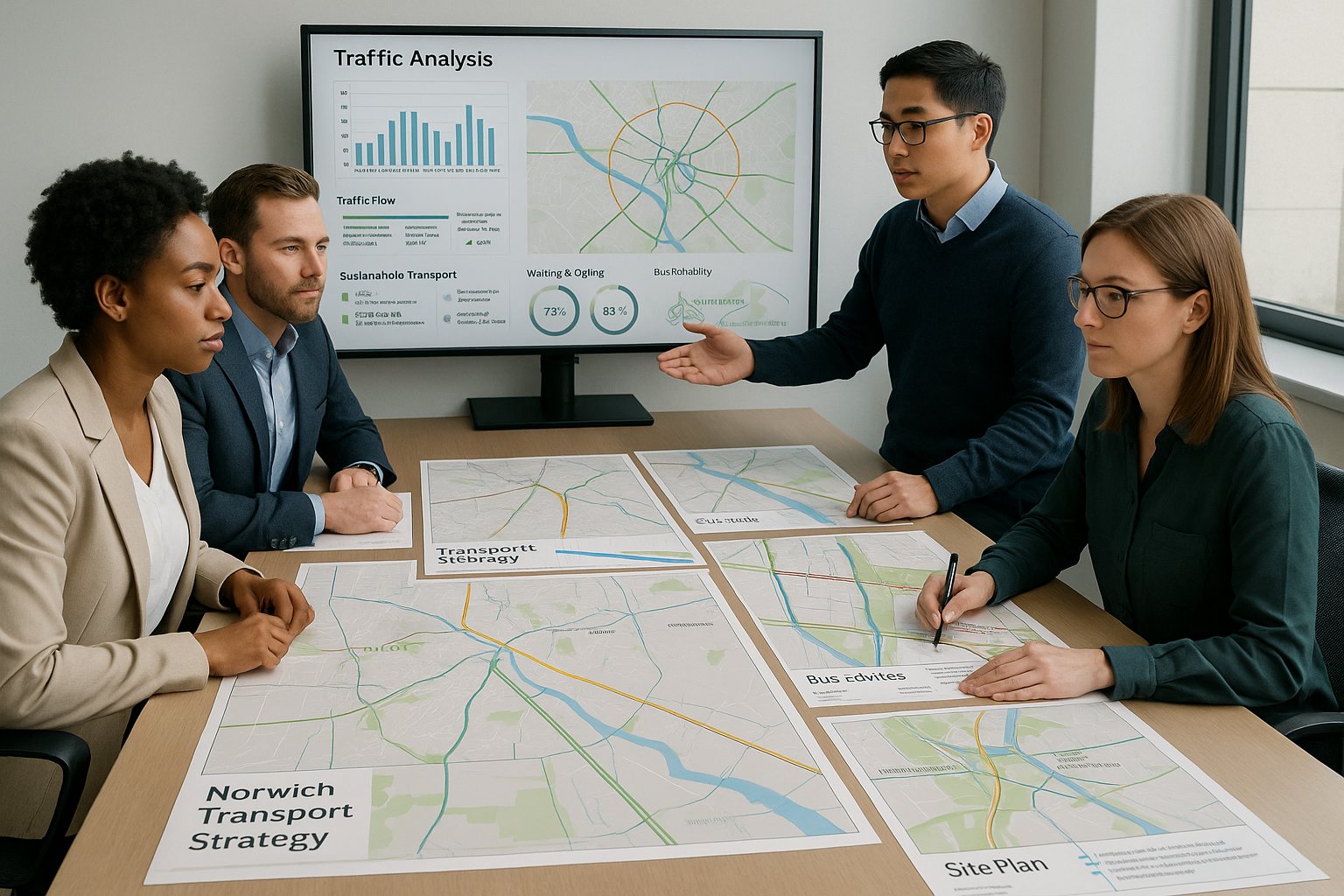 Transport planners reviewing Norwich development and sustainable travel plans in a modern office.