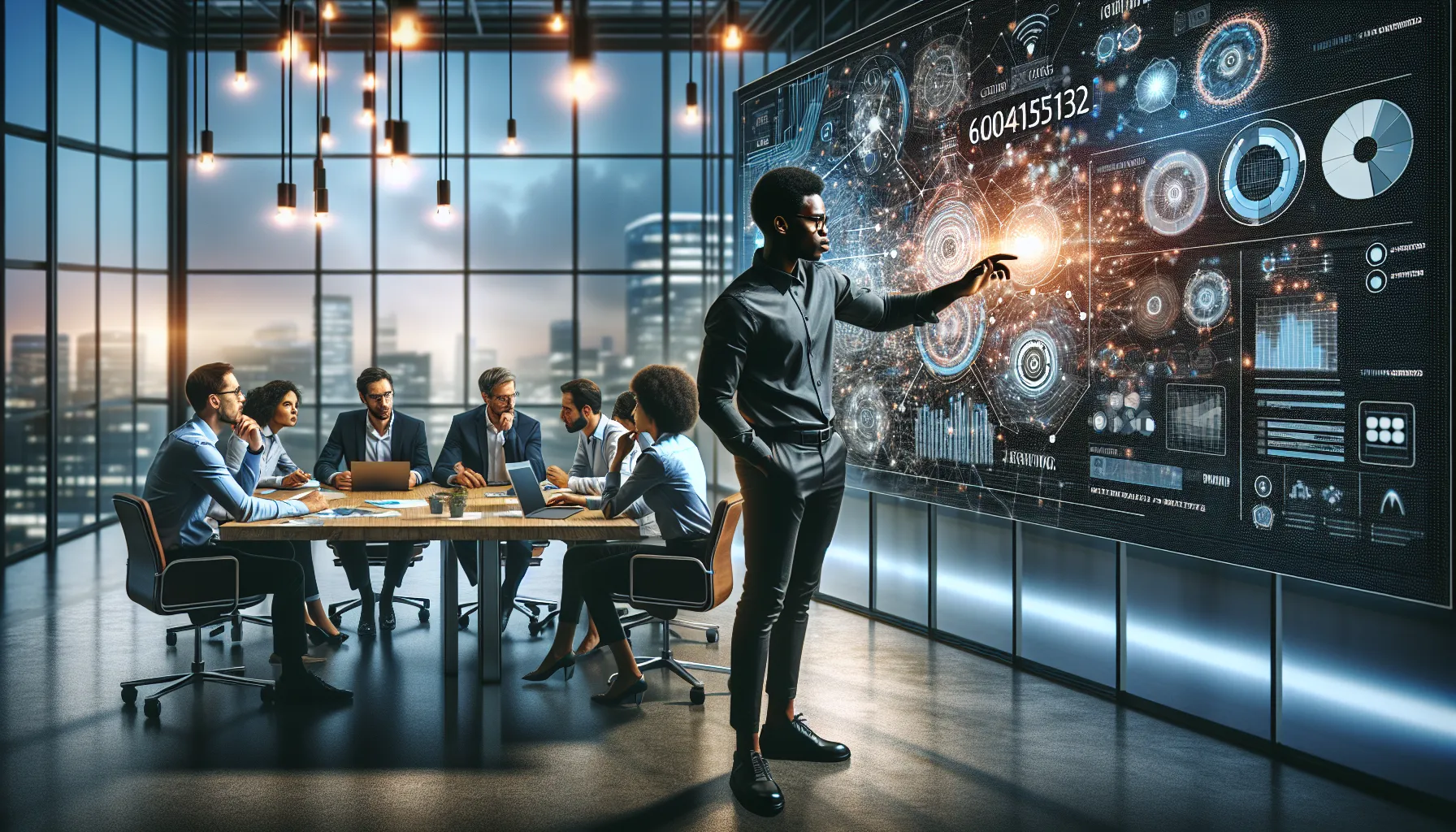 diverse professionals discussing technology specifications in a modern office.