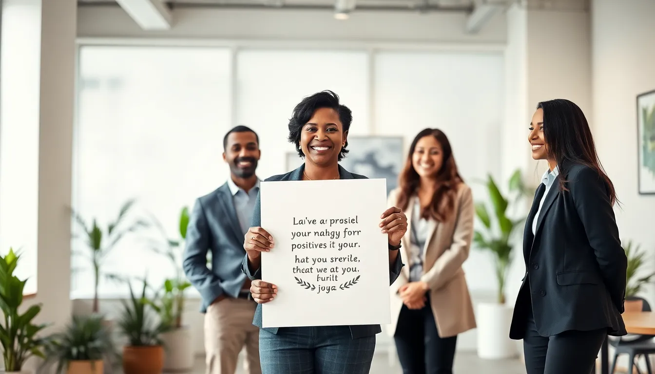 diverse team in a bright office sharing inspirational quotes.