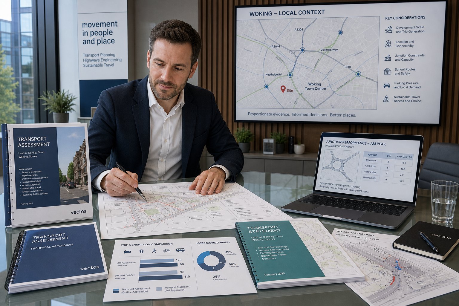 Traffic engineer reviewing transport assessment documents in a modern Woking office.