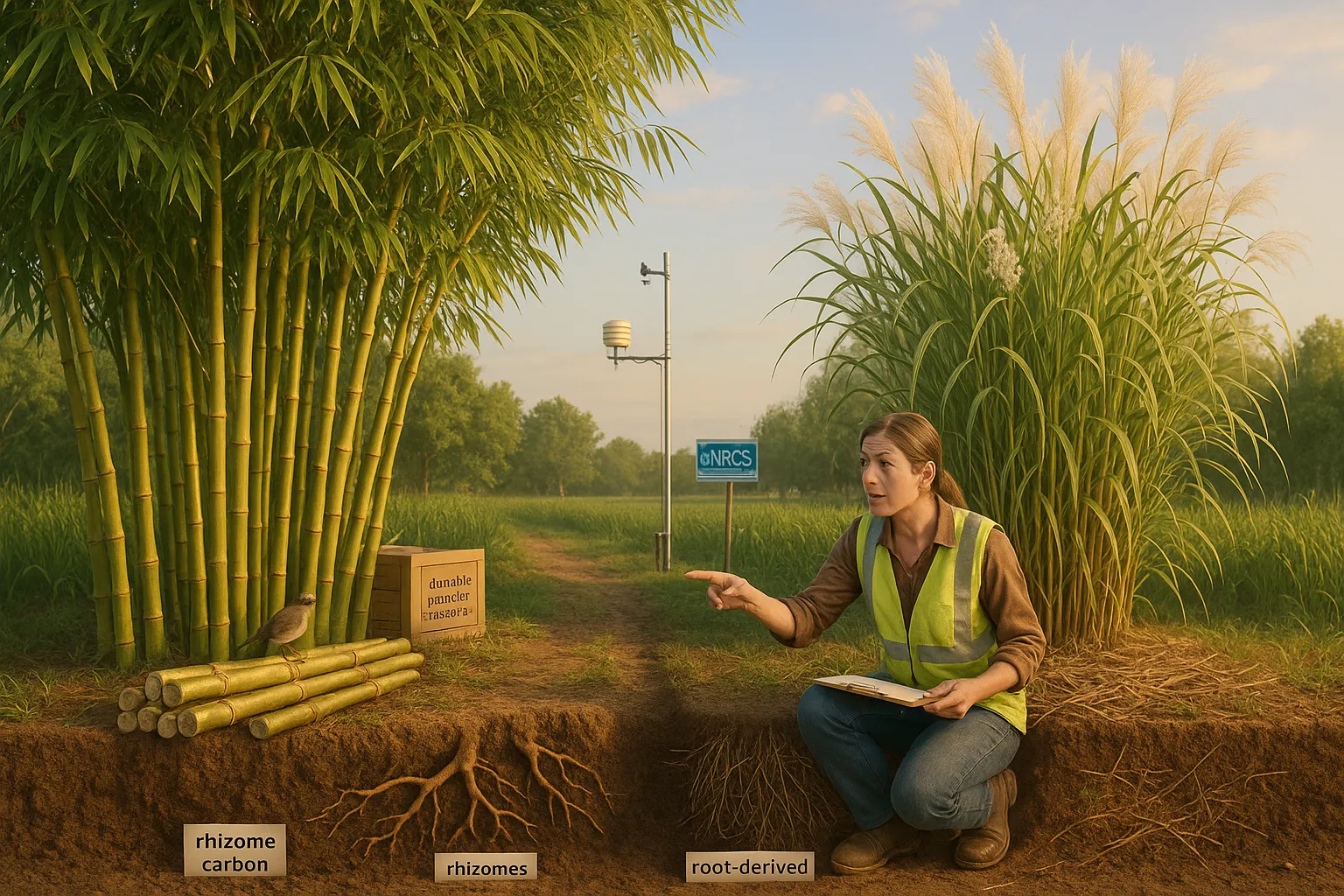 Researcher between bamboo grove and miscanthus field with exposed soil roots.