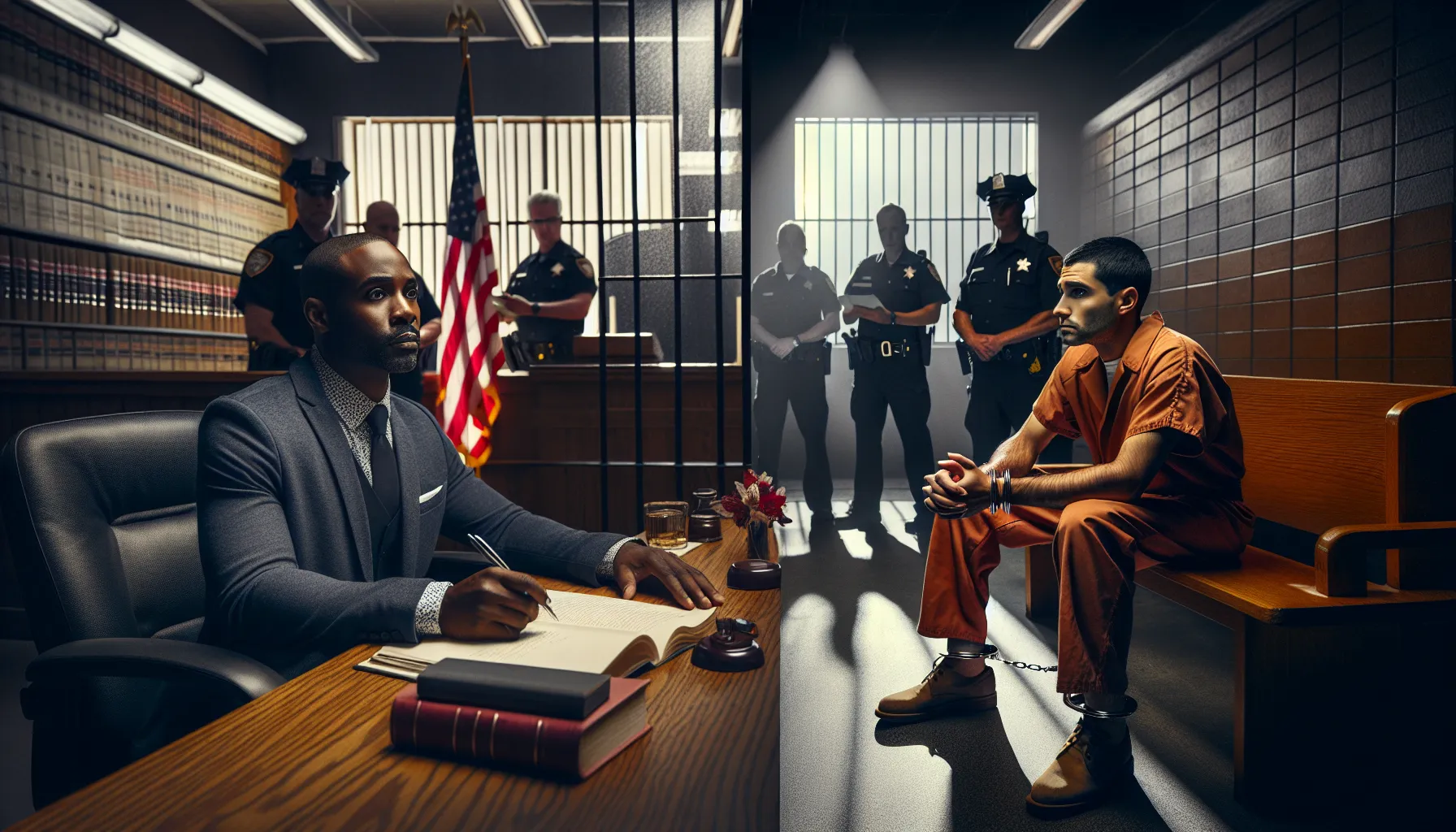 A split scene showing a misdemeanor courtroom on one side and a felony courtroom on the other.