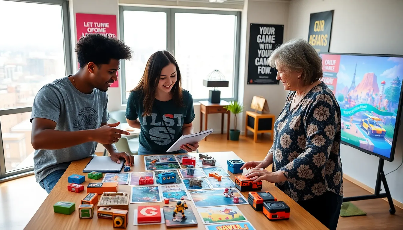 design team collaborating on innovative game concepts in a lively studio.