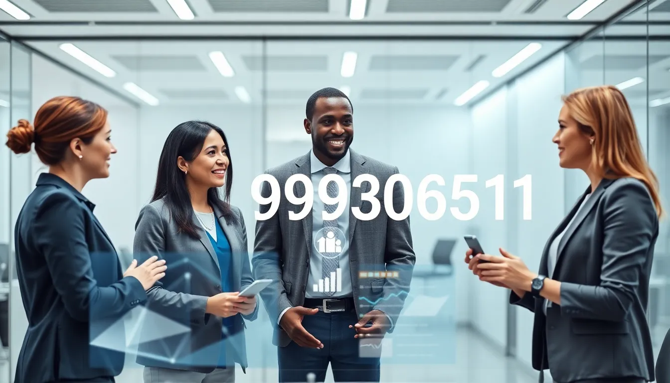 diverse professionals discussing the significance of the number 969306591 in a modern office.