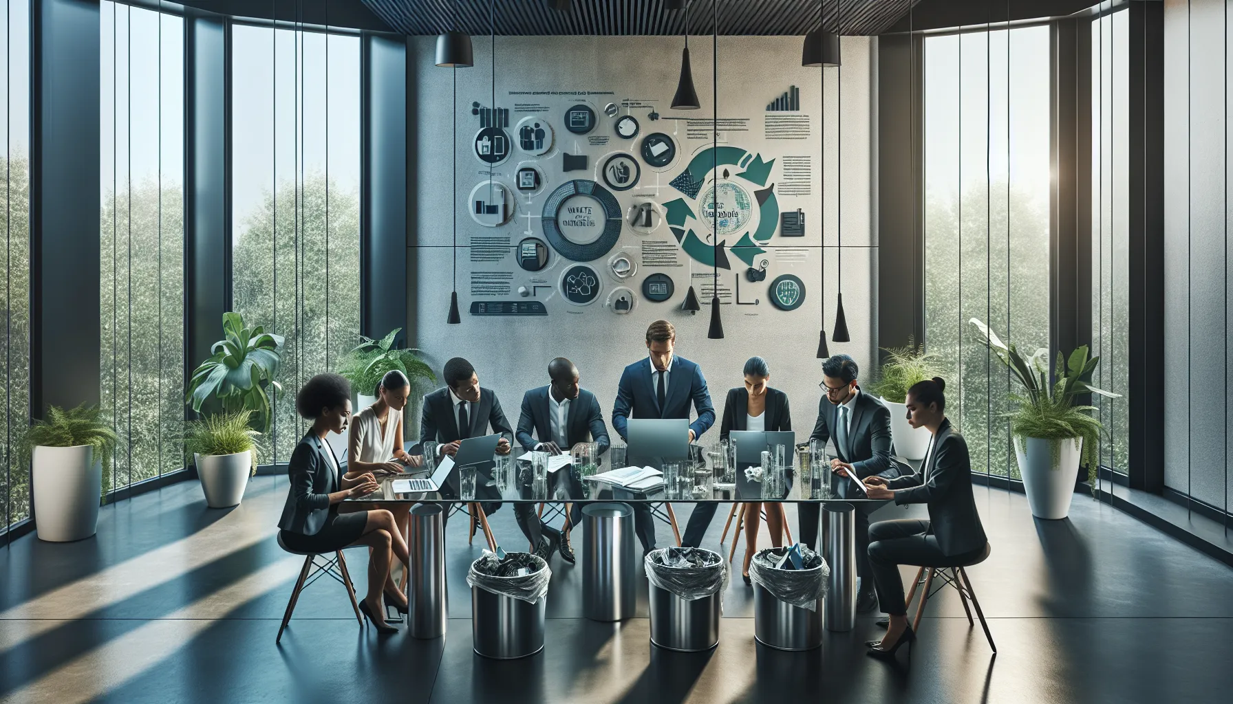 diverse professionals discussing waste management in a modern office.