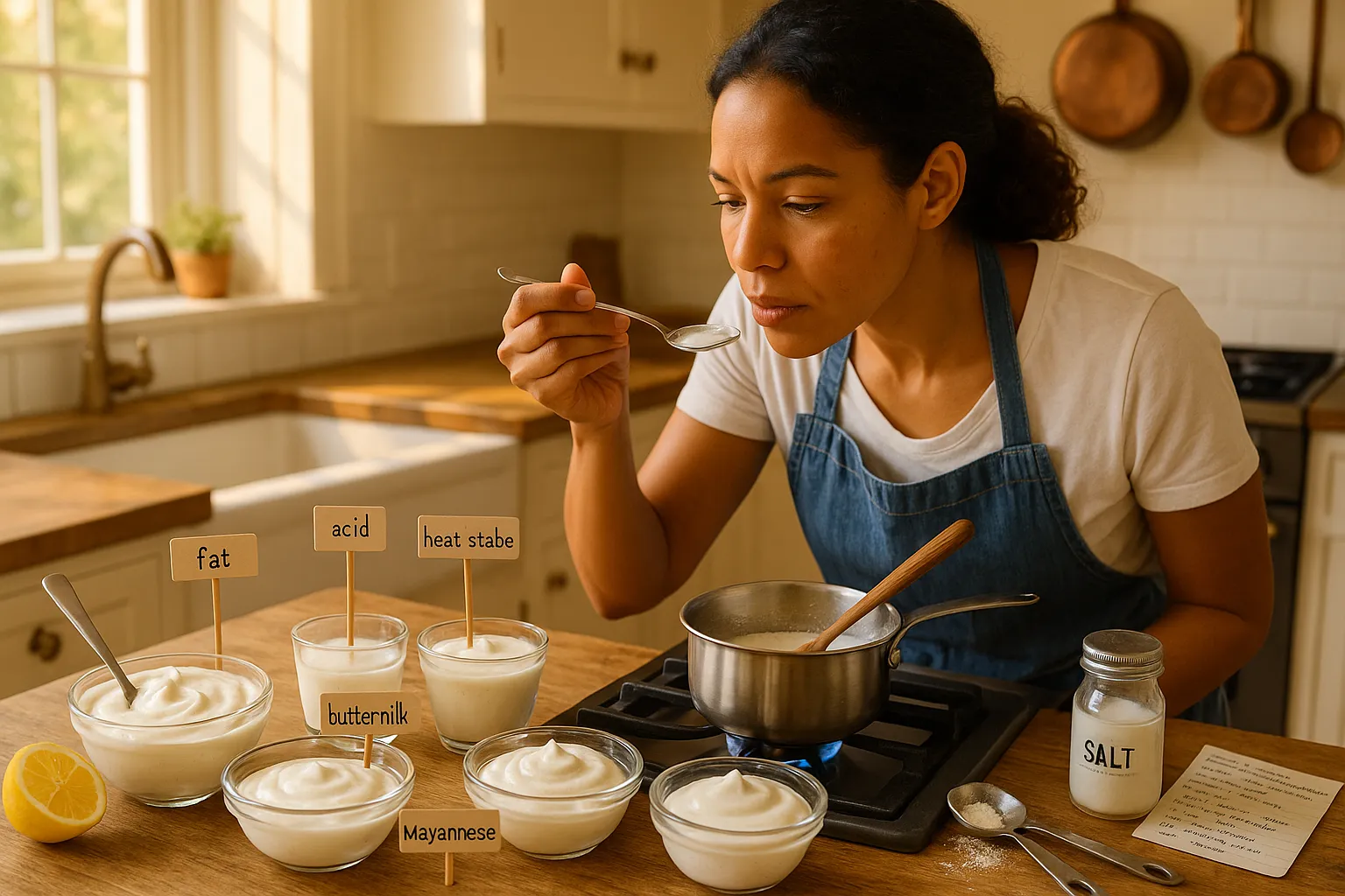 Home cook testing sour‑cream substitutes in a small saucepan on a sunny kitchen counter.
