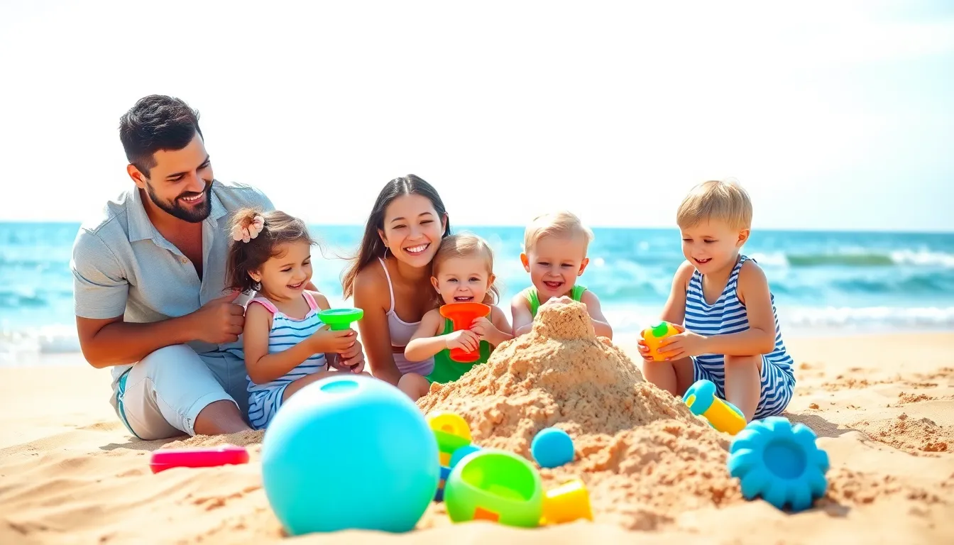 family enjoying a day at the beach with toddlers.