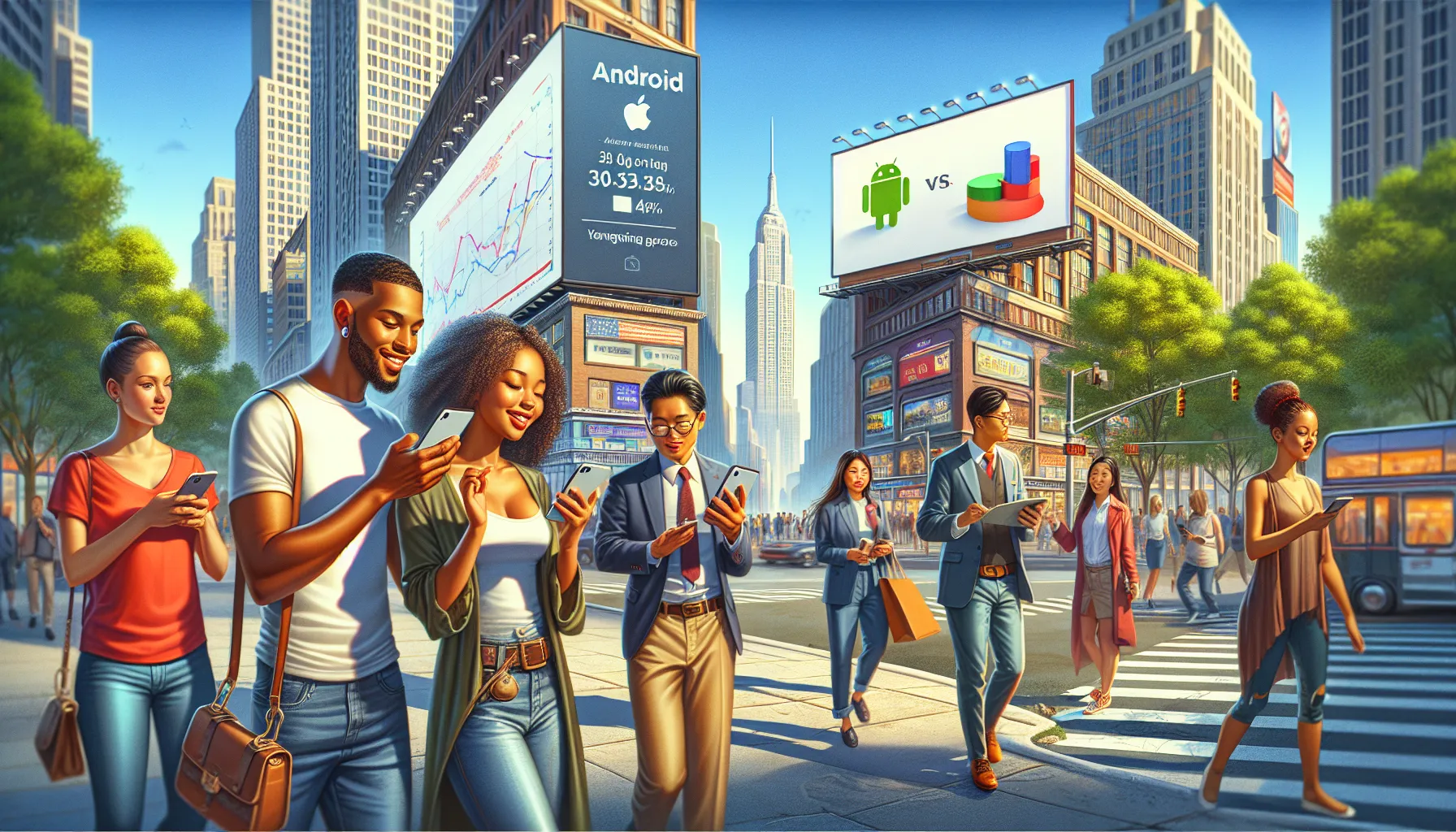 a diverse group of people using iPhones and Androids on a busy city street.