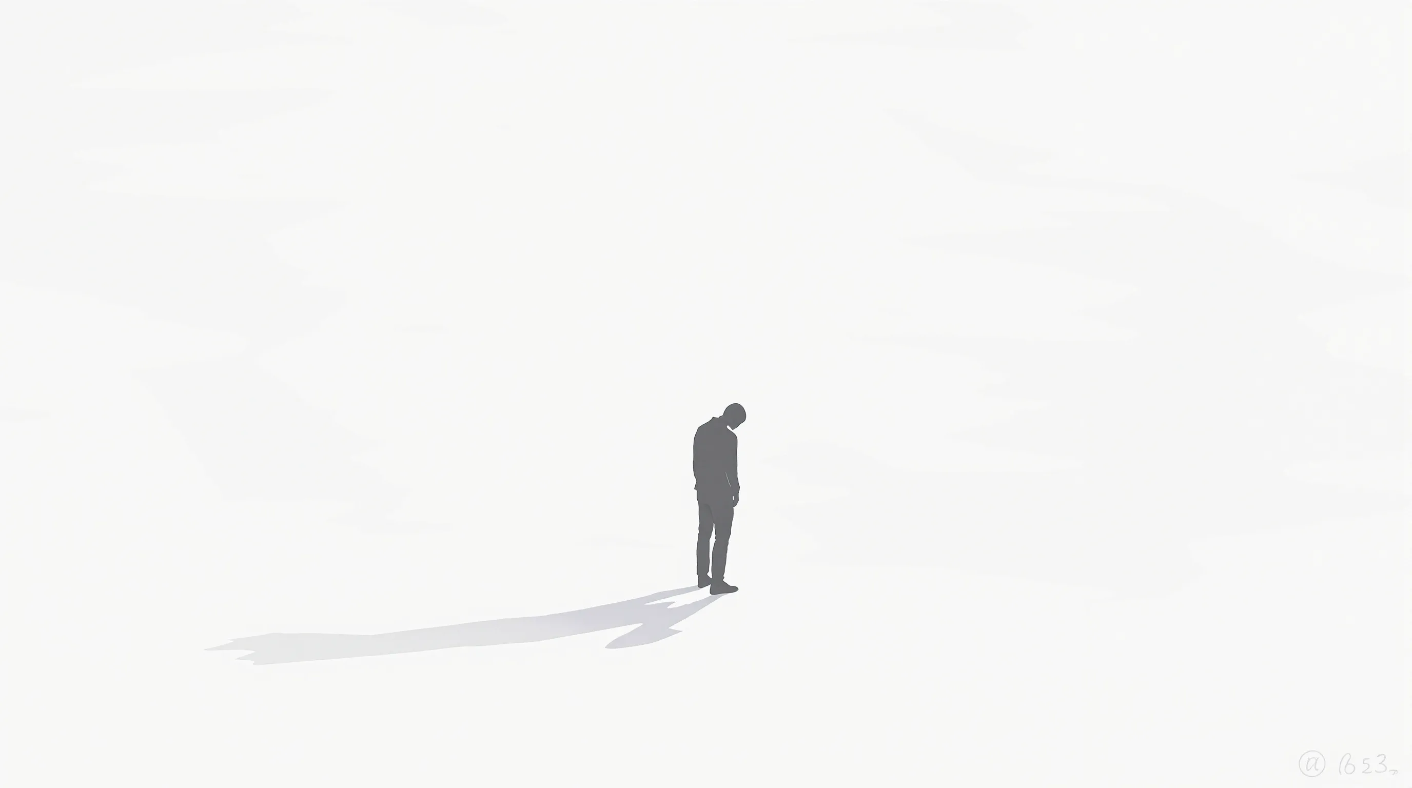 A solitary silhouette stands in empty space, head bowed, conveying quiet grief and loss.