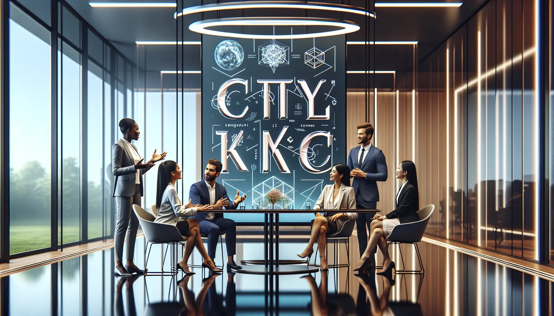 professionals discussing innovation and technology in a modern conference room.