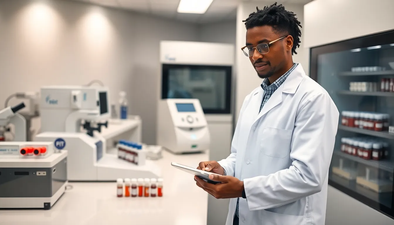 certified med tech analyzing samples in a modern laboratory.