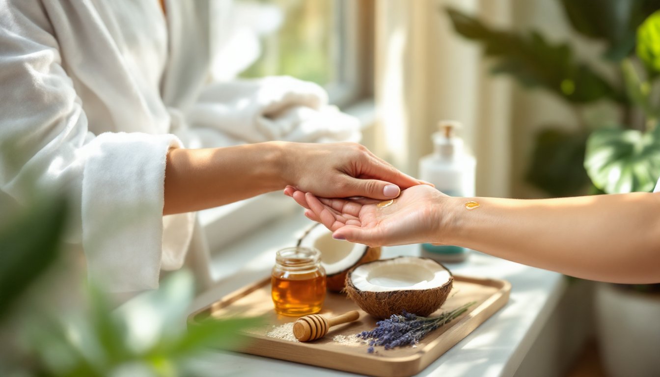 Hands massaging sesame oil onto skin beside natural soothing remedies like aloe and coconut oil.